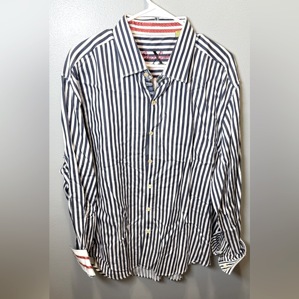 Robert Graham Men's Navy Blue Striped Flip Cuff Long Sleeve Shirt Size 3XL